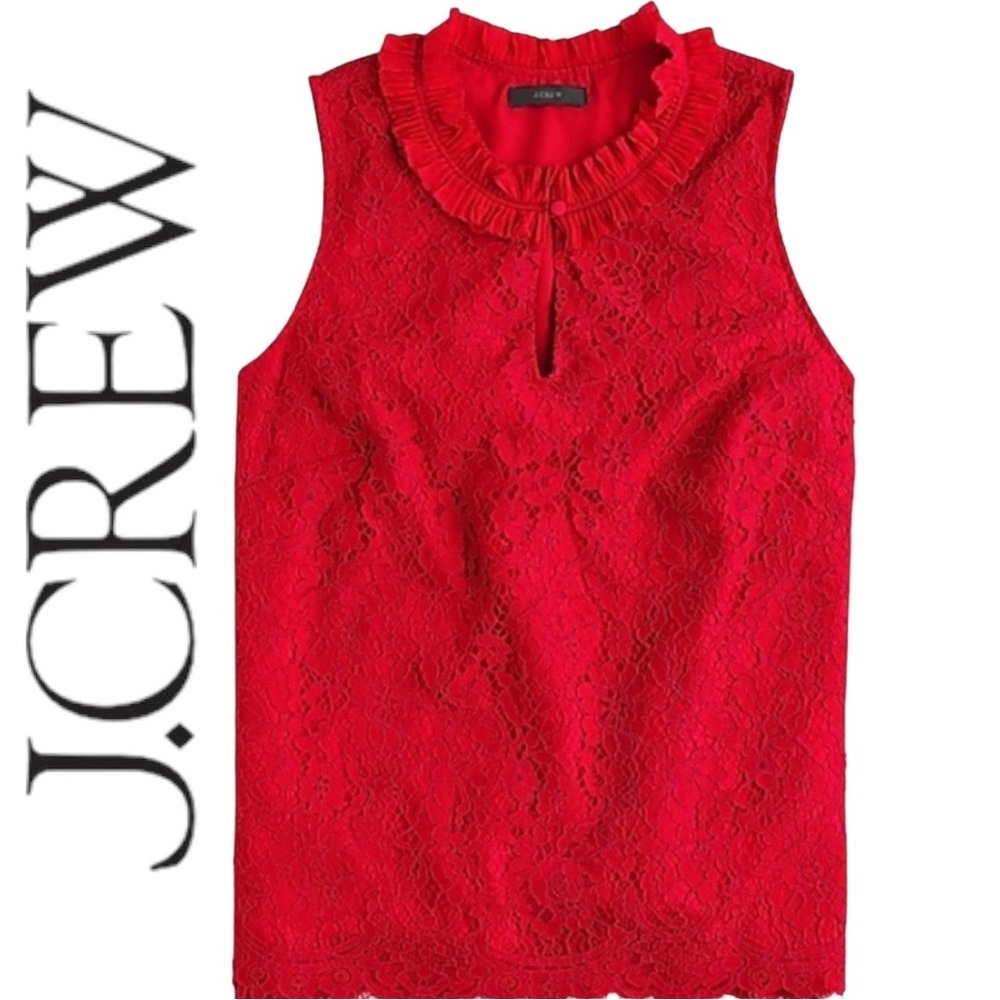 J.Crew Sleeveless Red Lace Ruffle Neck Top Size XXS NWT.